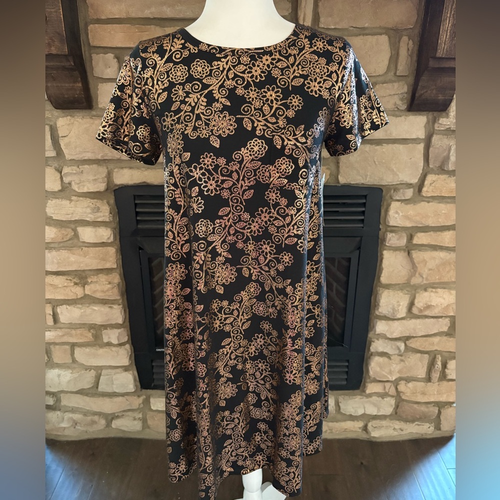 NWT LULAROE XS ELEGANT CARLY BLACK & ROSE GOLD FLORAL DRESS